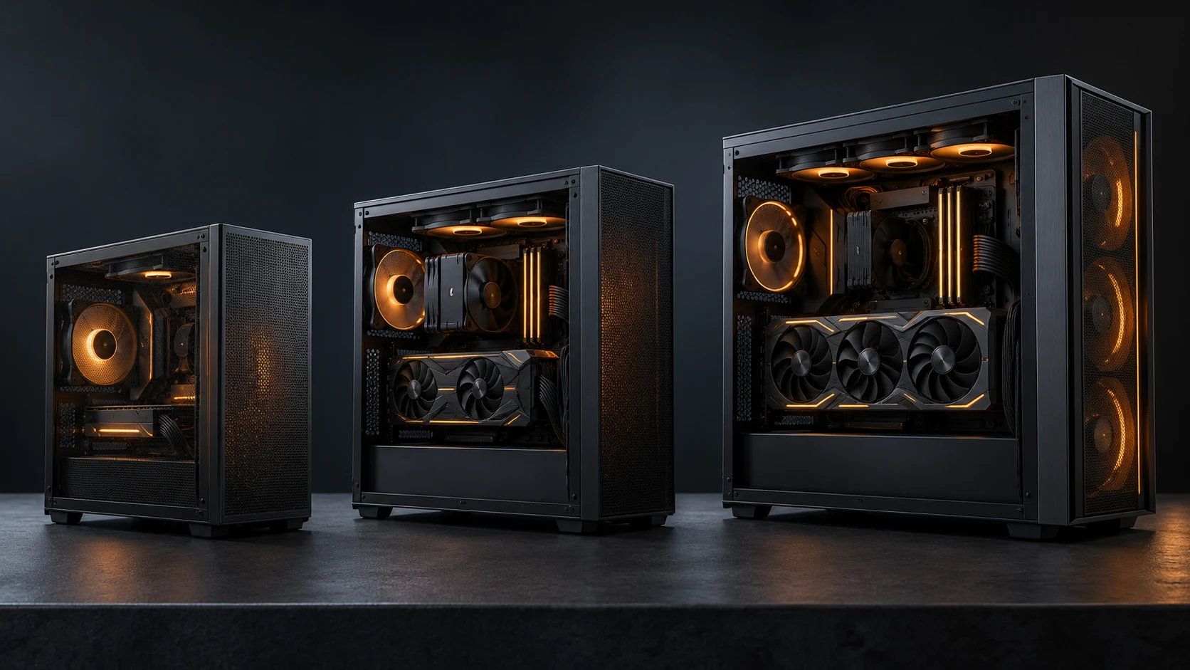 Editorial illustration of three unbranded gaming PC towers with orange lighting.