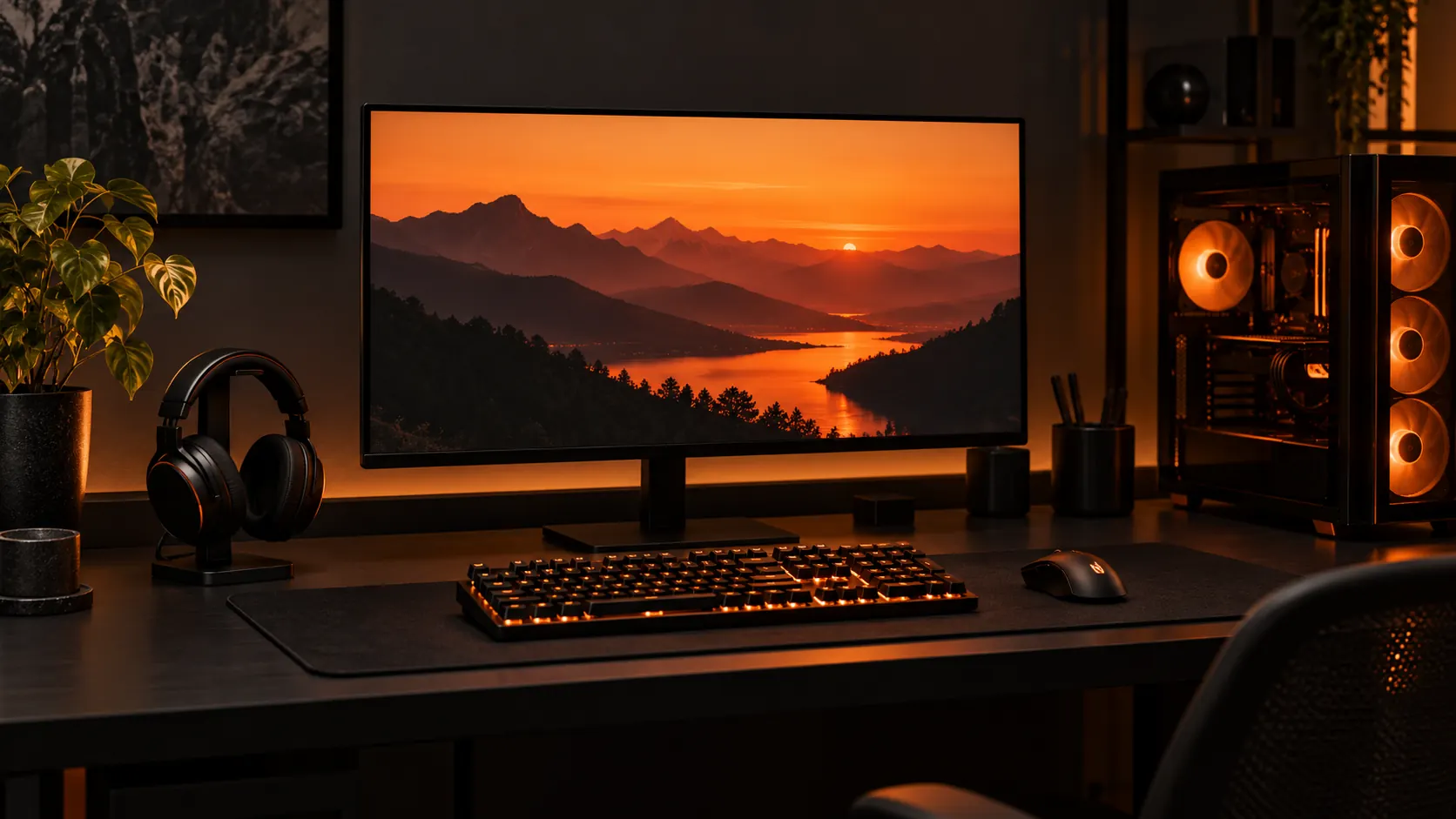 Desk with a monitor, keyboard, and headset.