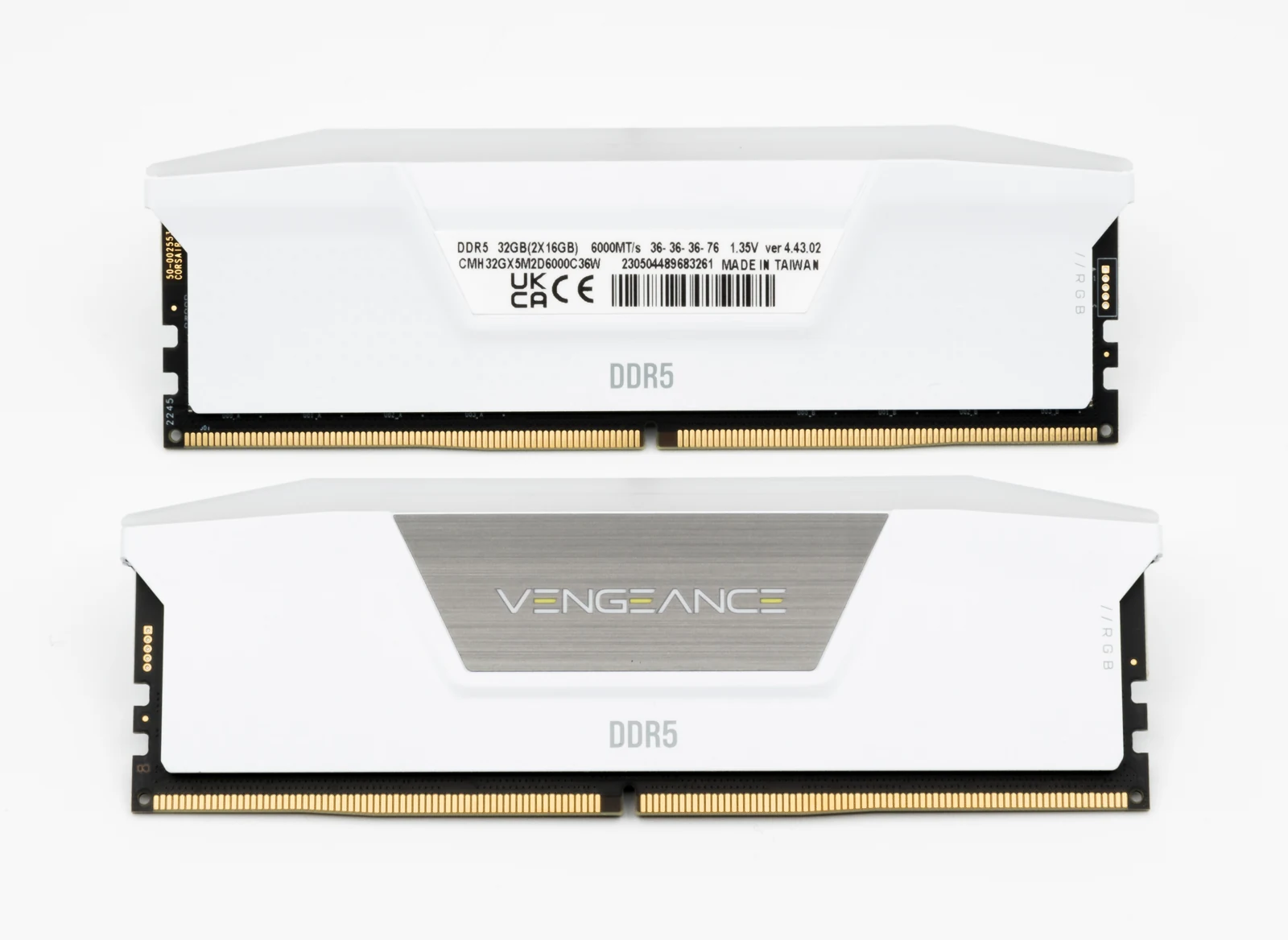 Real photograph of two Corsair Vengeance desktop DDR5 memory modules.